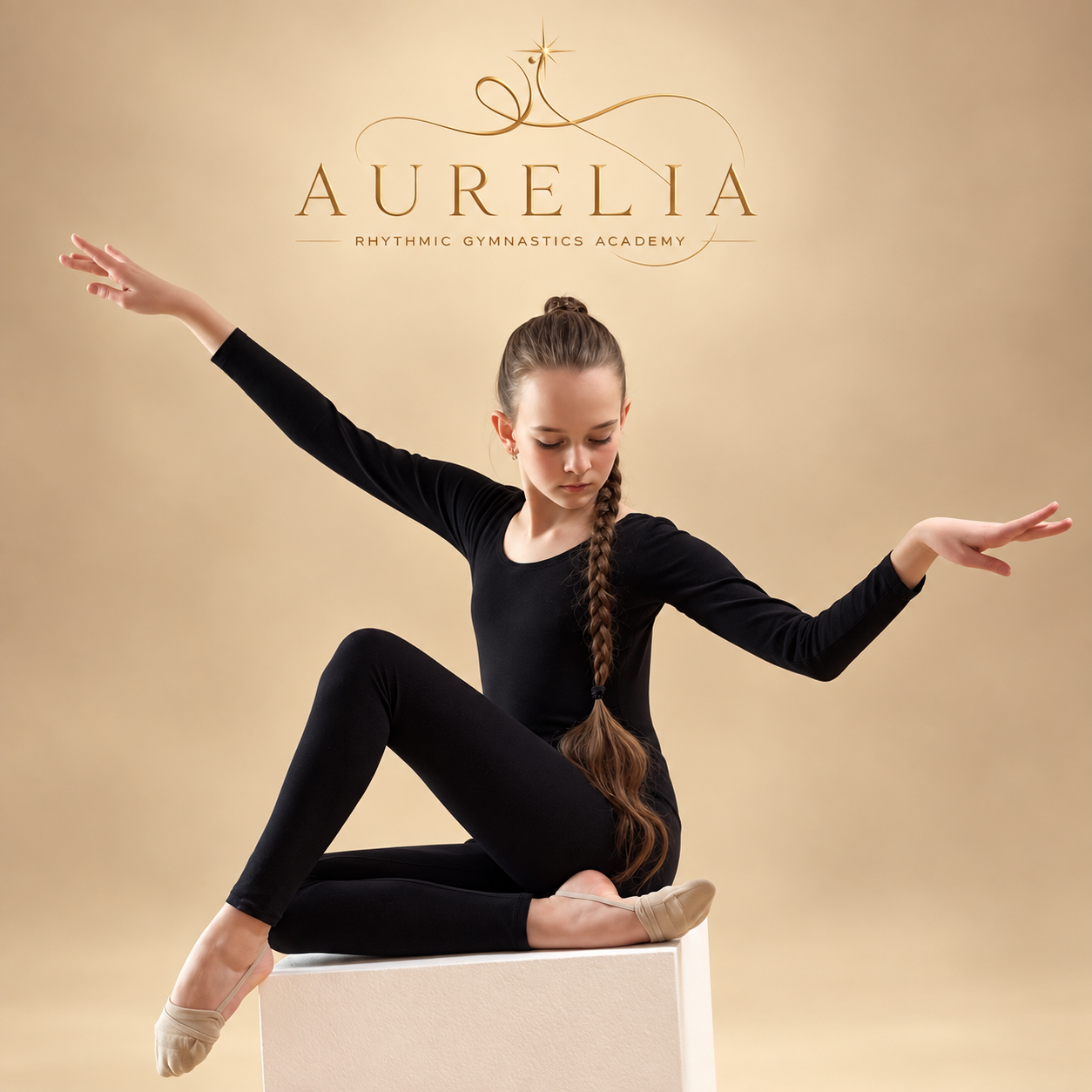Aurelia gymnast posing gracefully beneath the Aurelia logo